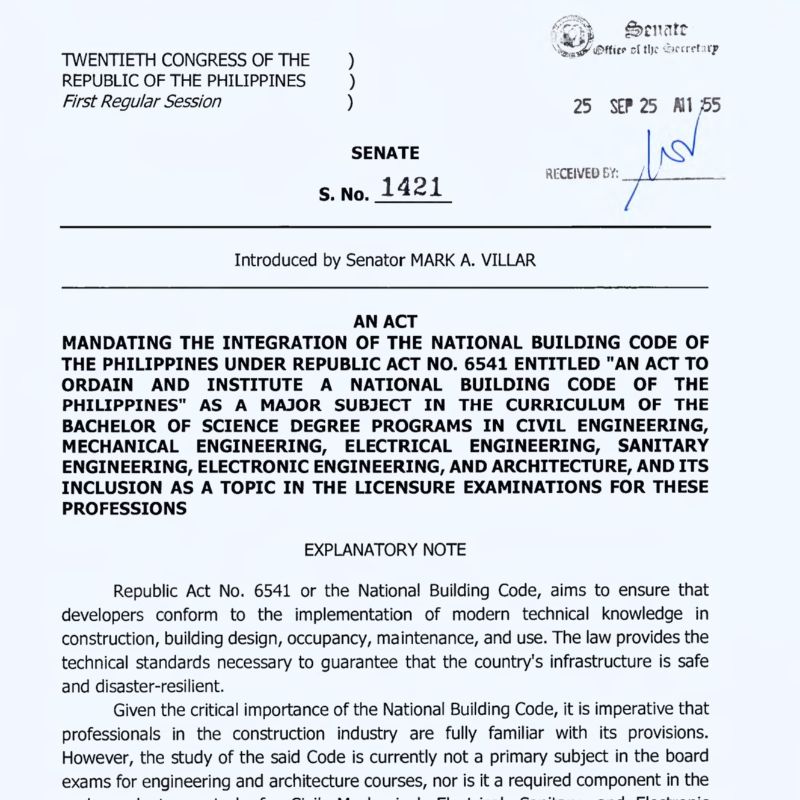 Proposed Senate Bill 1421 Pushes for National Building Code Integration in Curriculum and Board Exams